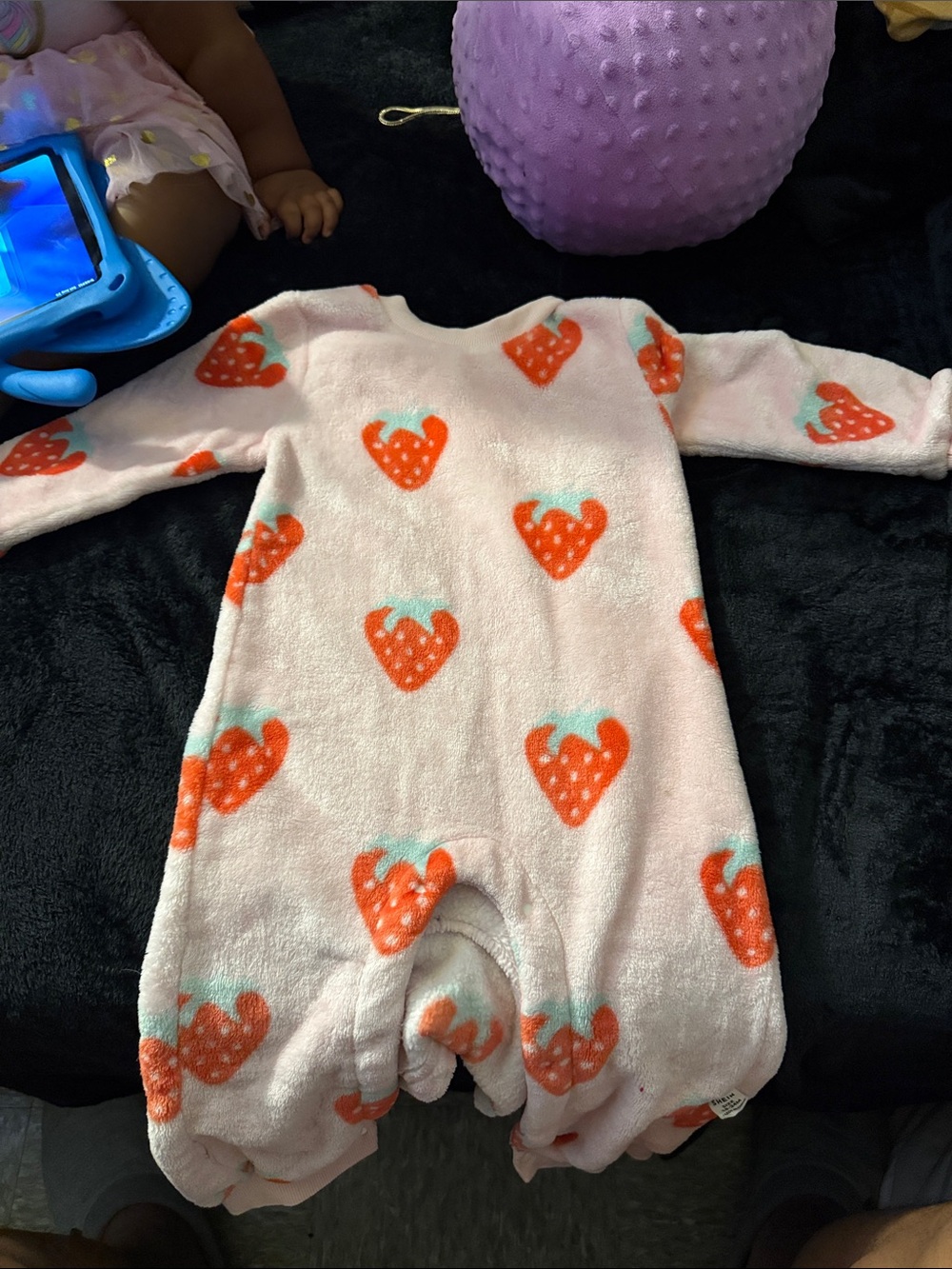 SHEIN Pink Fleece Footie with Orange Strawberry Print